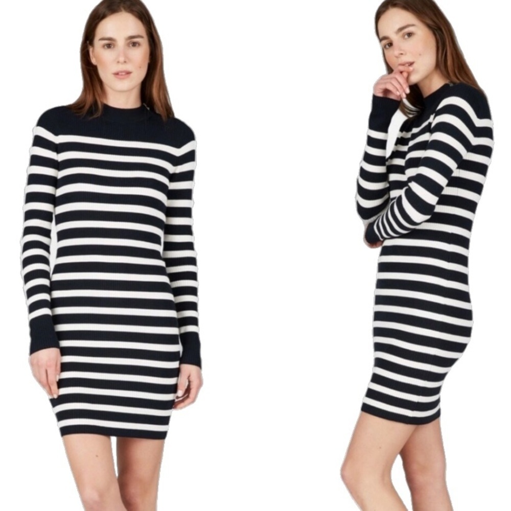 Everlane The Breton Ribbed Mock Neck Stripe Knit Long Sleeve Dress Navy White M